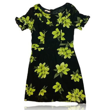 90s Black and Yellow Green Floral Mini Dress // Transparent Layered // Sala // Size Medium 