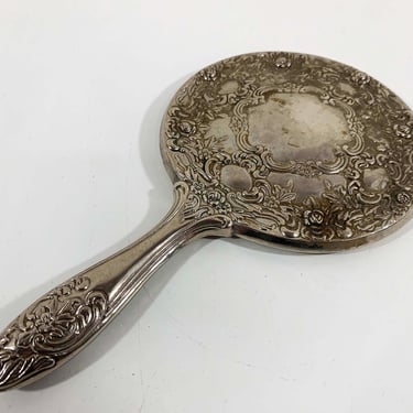 Vintage Silver Hand Mirror Flower Antique Floral Flowers Vanity Art Nouveau Engraved Rose Design Dresser Boudoir Victorian 