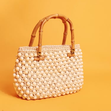 60s White Bead Wood Handle Linen Handbag Vintage Cream Bamboo Round Handle Crochet Purse 