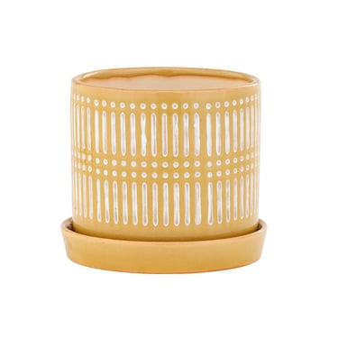 Yellow Scraffito Planter with Saucer