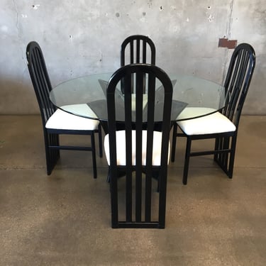 Post Modern Black Lacquer Dining Set With Boucle Chairs