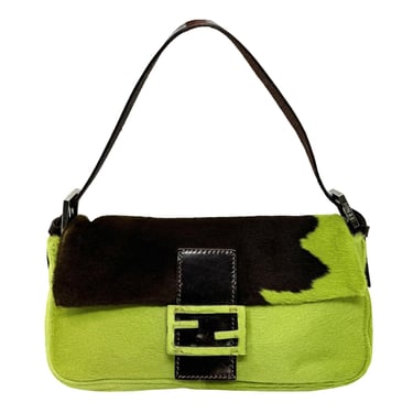 Fendi Lime Green Cow Print Baguette Bag