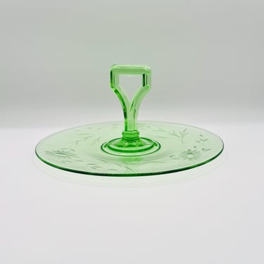 Vintage Green Glass Depression Glass Round Floral Etched with Handle -10.5