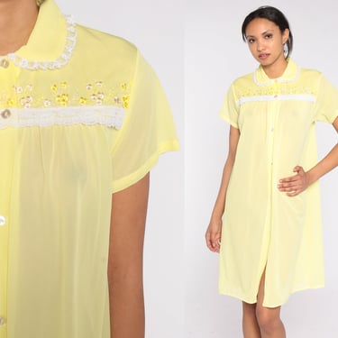 70s Lounge Dress Semi Sheer Pastel Yellow Mini Nightgown Retro Nightie Hippie Shift Boho Short Sleeve House Dress Vintage 1970s Medium M 