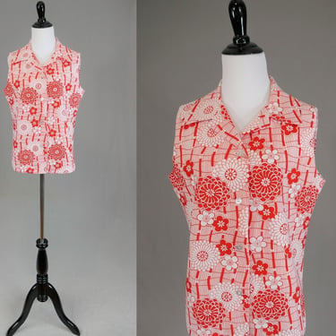70s Sleeveless Top - Red and White Flowers and Wavy Lines - Polyester Knit Blouse - Vintage 1970s - M 