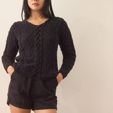 1990s Washed Black Cotton Cable Knit Summer Sweater 
