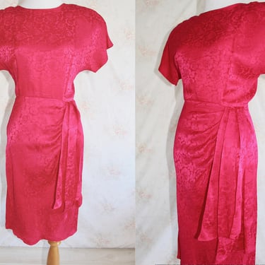 Vintage 80s Hot Pink Silk Dress, 1980s Party Dress, Wiggle, Pin Up, Barbie, Fuchsia, Satin, Floral, Cocktail 