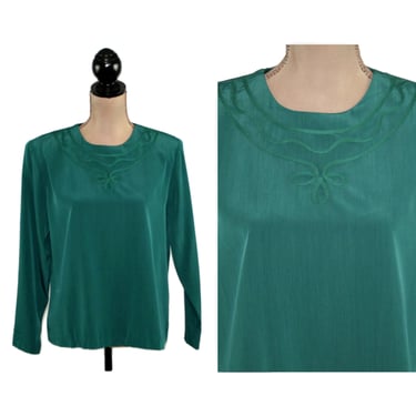M 90s Long Sleeve Dark Green Polyester Blouse Medium, Soutache Loose Silky Top, 1990s Clothes Women, Vintage Clothing Deadstock S. G. Sport 
