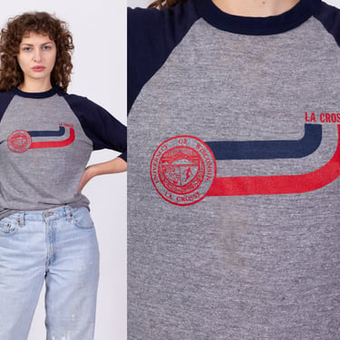 80s University Of Wisconsin La Crosse Raglan Tee - Unisex Medium | Vintage UWL Heather Grey Navy Blue Graphic College T Shirt 