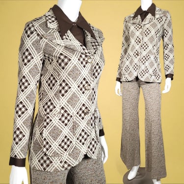 Autumn plaid 1970s pantsuit vintage pants & jacket set brown cream confetti textured liesure suit big pointy collar mod suit (B35 W25 - 29) 