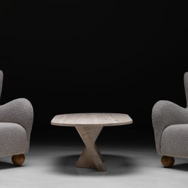 Modern Wingback Chairs / Travertine Coffee Table