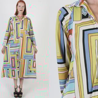 Geometric Print Zip Front Nightgown, Vintage Long Lounge Dress, White Baggy House Outfit 