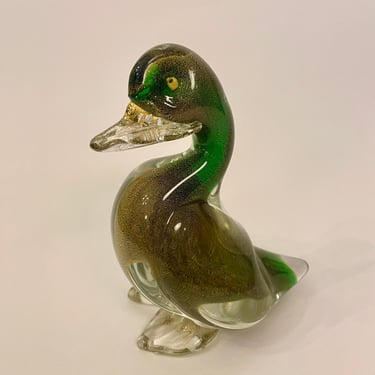 Murano Glass Duck Figurine Archimede Seguso Gold and Green 
