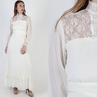 Ivory Prairie Wedding Dress / Vintage 70s Sheer Floral Lace Bridal / Simple High Neck Bridesmaids Dress / Simple Victorian Tea Maxi Dress 