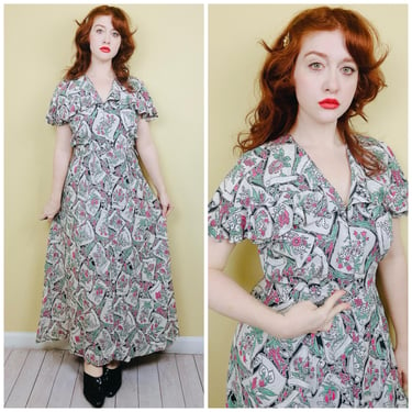 1940s Lyn Delle Novelty Print Rayon Dress / 40s Pink Floral Flutter Sleeve Zipper Front Maxi / Large - XL 