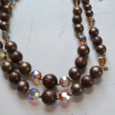 1960s Brown Bead and Crystal Double Strand Necklace 