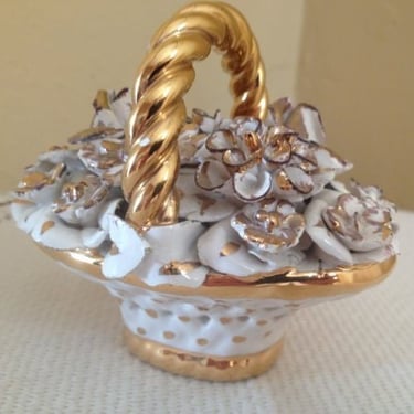 Vintage Lovely flower basket- glossy white gold highlights lattice basket and gold rope handle Marked on the bottom 