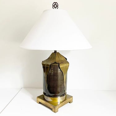 Midcentury Ceramic & Brass Leaves Lamp With Shade 
