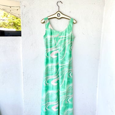 Vintage 70s Hawaiian Marble Nylon Dress Mint Green Pink Maxi Dress 