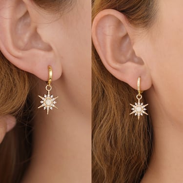 E145 14k gold filled star dangle earrings, opal star earrings, celestial earrings, starburst huggie earrings, dangle earrings, gift for her 