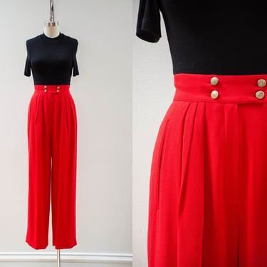 high waisted pants | 80s 90s vintage Liz Claiborne 1940s sailor style dark academia red wide leg trousers 