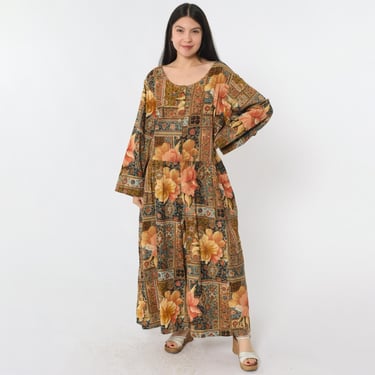 Vintage Floral Wide Leg Jumpsuit 90s Yellow Baggy Scoop Neck Long sleeve Romper Pants Flower Print Retro Summer One Piece 1990s Women's 1x 