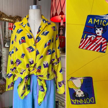 vintage 1980s novelty print magazine blouse yellow retro lady print large 36 38 