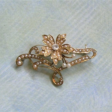 Antique 14K Gold And Seed Pearl Flower Brooch Pin, Old Seed Pearl Pin Brooch, 14k Gold and Diamond Pin, Wedding Jewelry (#4056) 