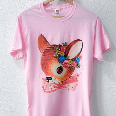 Deerly Beloved Kitschy Cute Holiday Deer on Pink Tshirt. By Chubby Dust Bunny. 