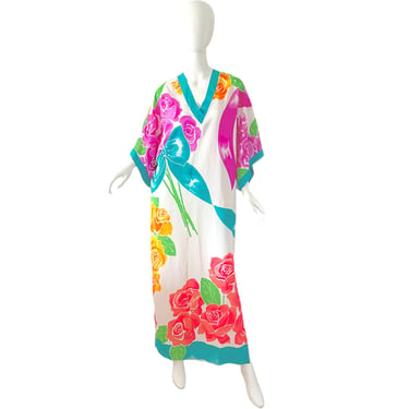 Oscar De La Renta Caftan Dress / Vintage Psychedelic Kimono / ODLR Roses Bows Dress Maxi OS 