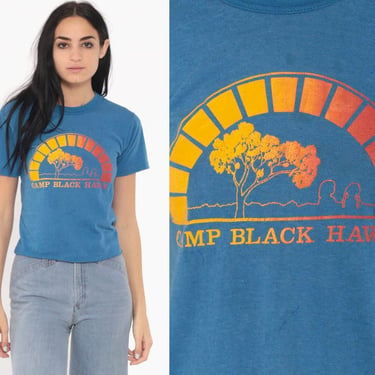 Graphic T Shirt CAMP BLACK HAWK Shirt 80s Tshirt Camping Tree Shirt Vintage Burnout Tree Paper Thin 1980s Retro Small 