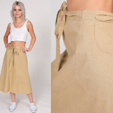 Tan Wrap Skirt 90s High Waisted Midi Skirt Plain Boho Hippie Bohemian Eco Simple Basic Solid Cotton Vintage 1990s Medium Extra Large M L XL 