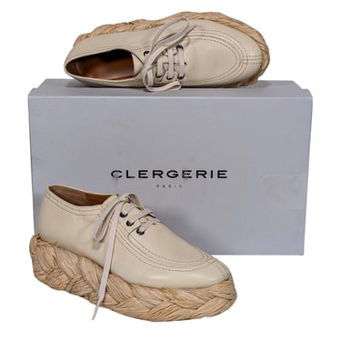 Clergerie Paris - Beige Leather &amp; Woven Straw Platform Sneaker Sz 8