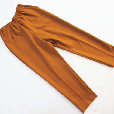 Vintage 80s Turmeric Orange Brown Elastic Waist Pants S M - High Waisted  Earth Tone Polyester Trousers 