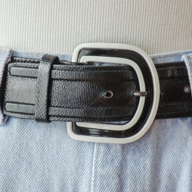 black snakeskin leather belt | 80s vintage Carlisle black white wide leather statement belt 