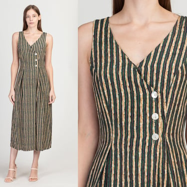 90s Green Striped Wrap Jumpsuit - Small | Vintage Grunge Boho Sleeveless Button Up Pantsuit 