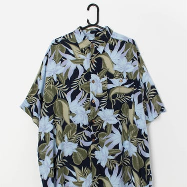 Vintage navy Hawaiian shirt with blue and forest green floral pattern - XL 