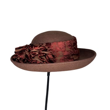 Vintage 90's Brown Wool Bowler Hat with Velvet Burnout Bow 