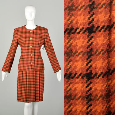 Large 1990s Givenchy Houndstooth Plaid 2 Piece Skirt Suit Orange Autumn Tweed Wool 