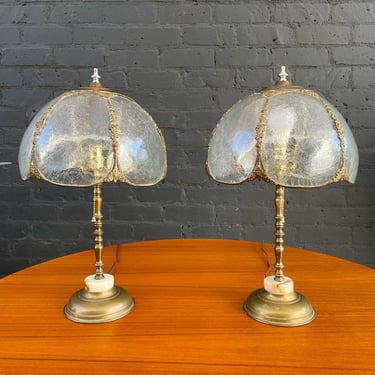 Pair of Antique Patinated Brass & Glass Table Lamps 
