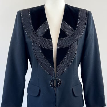 1980s Nolan Miller Black Corded and Beaded Blazer 