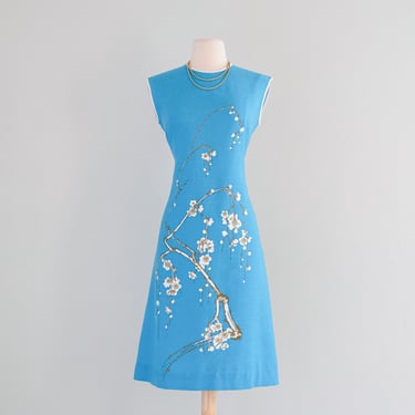 Sweet 1960's Turquoise Linen Cherry Blossom Shift Dress / M