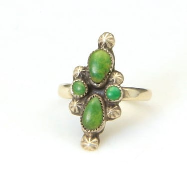 Vintage Sterling Silver & Green Turquoise Stone Ring Petit Point Unique Sz 4.75 