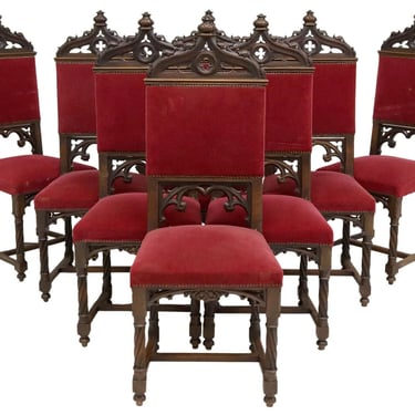 Antique Chairs, Side, (8) French Gothic Revival, Carved, Red, Early 1900s!!