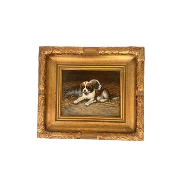 Vintage St. Bernard Dog Painting, Framed 