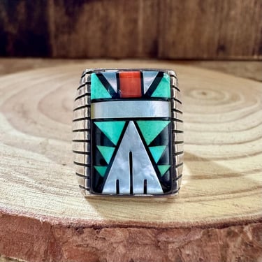 VINTAGE TRIBAL INLAY Mens Turquoise Abalone Coral Jet Silver Ring | Most Likely Navajo, Native American  | Southwestern Jewelry | Size 11 
