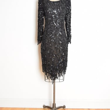 vintage 80s dress black silk sequin beaded feathers flapper party prom dress M clothing 