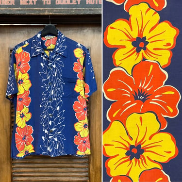 Vintage 1950’s “McGregor” Vertical Floral Print Rayon Hawaiian Shirt, 50’s Tropical Banana Print, Vintage Clothing 