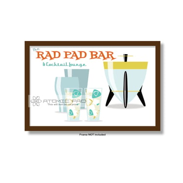 Cocktail Bar Wall Art, Mid Century Modern Atomic Glassware Vintage style Martini Glass, Gift for bartender home bar Cocktails RAD PAD BAR 