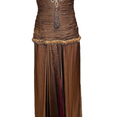 Odicini Couture 1990s Glowing Brown Strapless Silk Gown with Beaded Accents